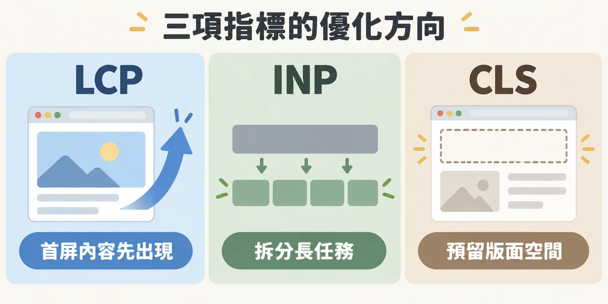 Core Web Vitals 三項指標的優化方向:LCP 要讓首屏最重要的內容先出現,INP 要拆分長任務讓互動處理更輕,CLS 要為圖片與動態內容預留版面空間。