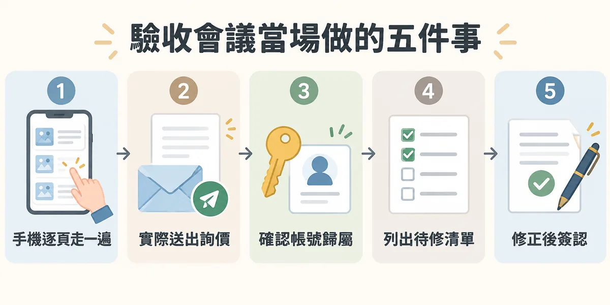 驗收會議當場要做的五件事示意:用手機逐頁走一遍、實際送出一次詢價表單、確認網站與分析工具帳號歸屬、列出待修清單,修正複驗後簽認。