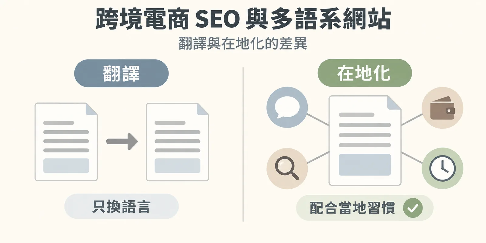 翻譯與在地化對照示意：左邊翻譯只是把文件換成另一種語言，右邊在地化還要配合當地的用語、搜尋關鍵字、付款方式與客服時間，跨境電商 SEO 才能貼近當地搜尋習慣。