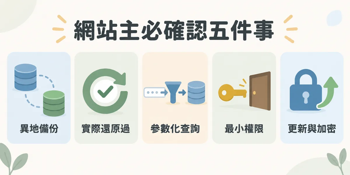 網站主確認資料庫備份與安全的五件事示意:備份要放在不同地方、實際做過還原測試、用參數化查詢防止 SQL 注入、帳號只給最小權限,以及軟體更新與密碼加密。
