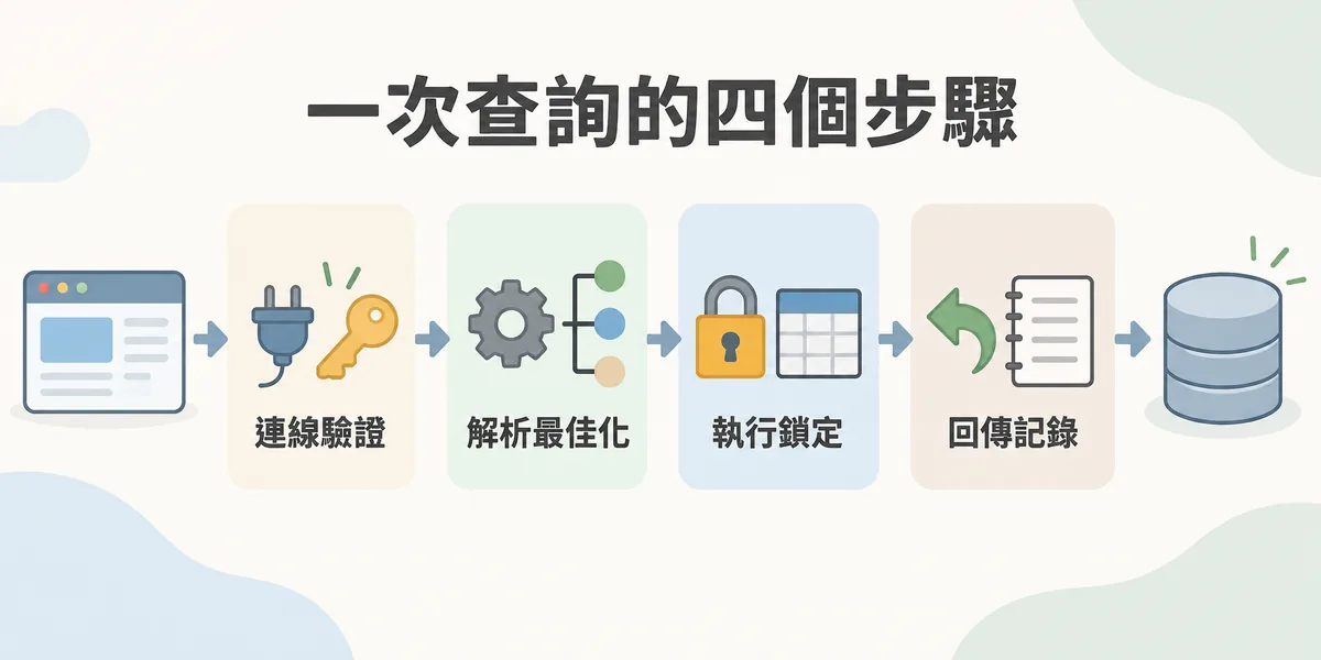 資料庫一次查詢的流程示意:應用程式先連線並驗證帳號,資料庫解析 SQL 並決定執行計畫,執行時上鎖避免同時修改,最後回傳結果並寫入日誌。