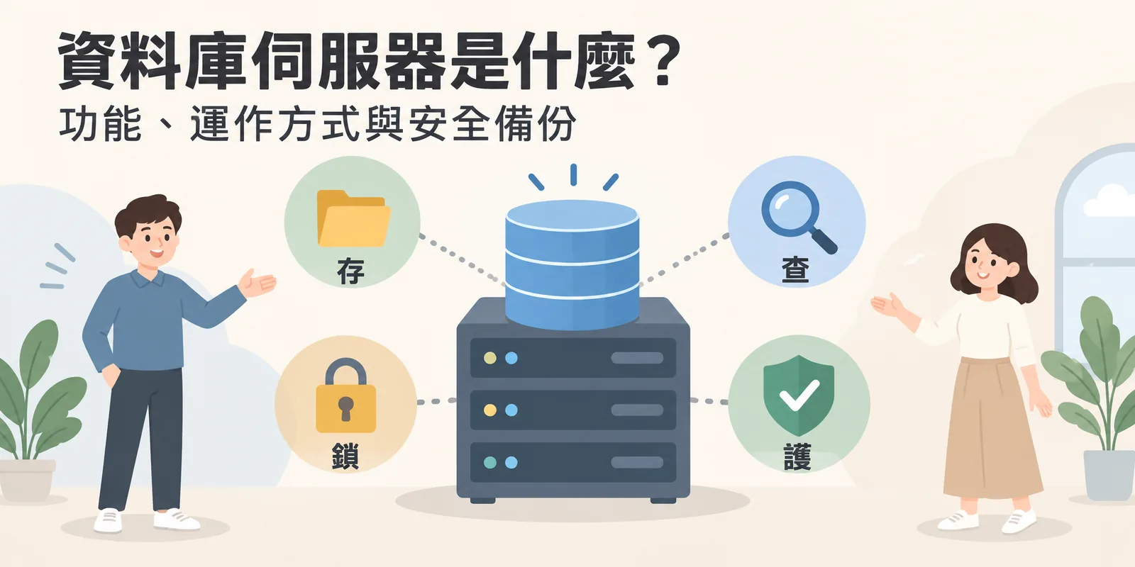 資料庫伺服器示意：中央的伺服器負責儲存網站資料，四周標示它的四項主要工作，存放資料、查詢資料、上鎖避免同時修改錯亂，以及備份與安全防護。