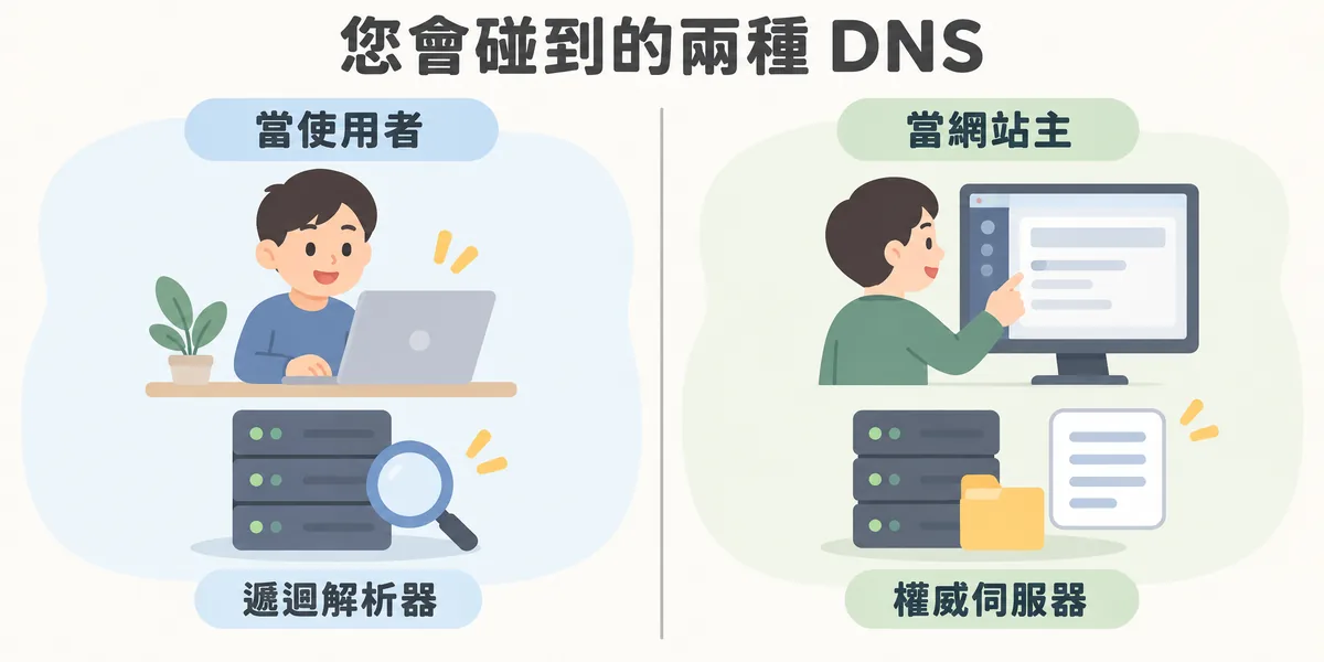 兩種 DNS 伺服器對照示意:當使用者時您用的是電信業者或公共服務提供的遞迴解析器;當網站主時您要管的是權威伺服器,在它的後台新增各種 DNS 記錄。