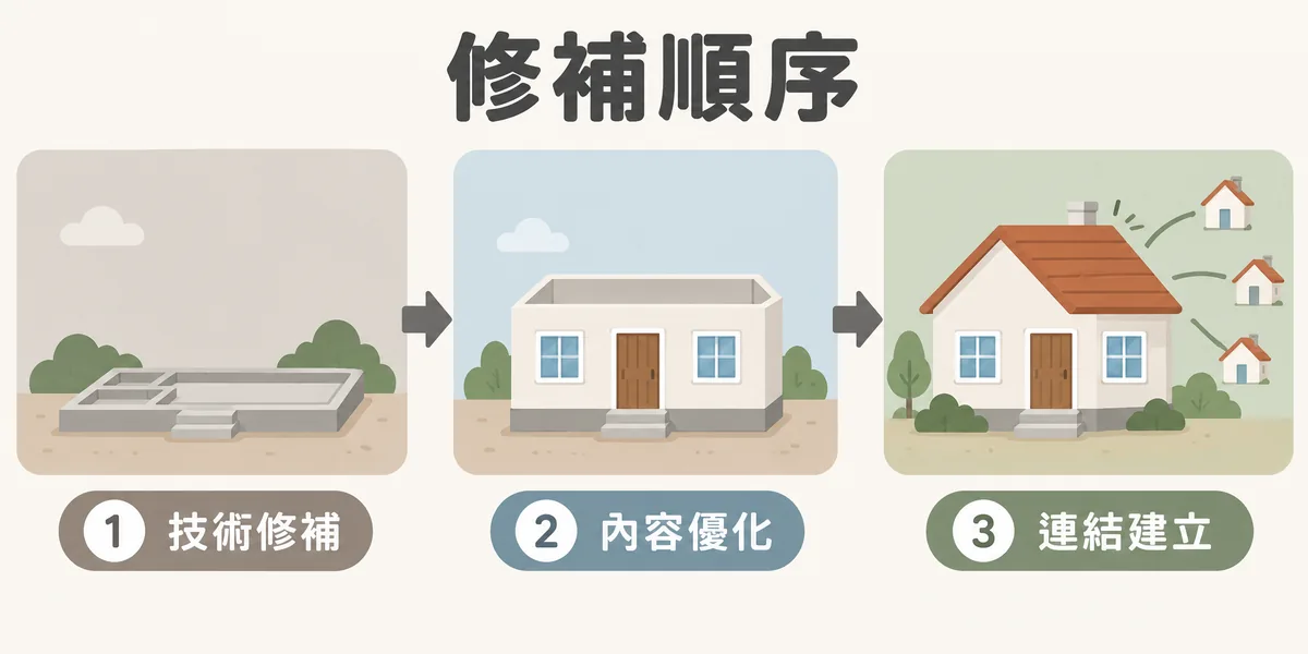 網站健檢後的修補順序示意:先做技術修補打好地基,再做內容優化蓋起牆面,最後才是連結建立,像蓋房子一樣由下往上依序進行。