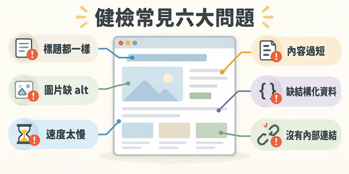 網站健檢最常見的六大問題:每頁標題都一樣、圖片沒有 alt 屬性、網站速度太慢、內容過短、沒有結構化資料,以及完全沒有內部連結。