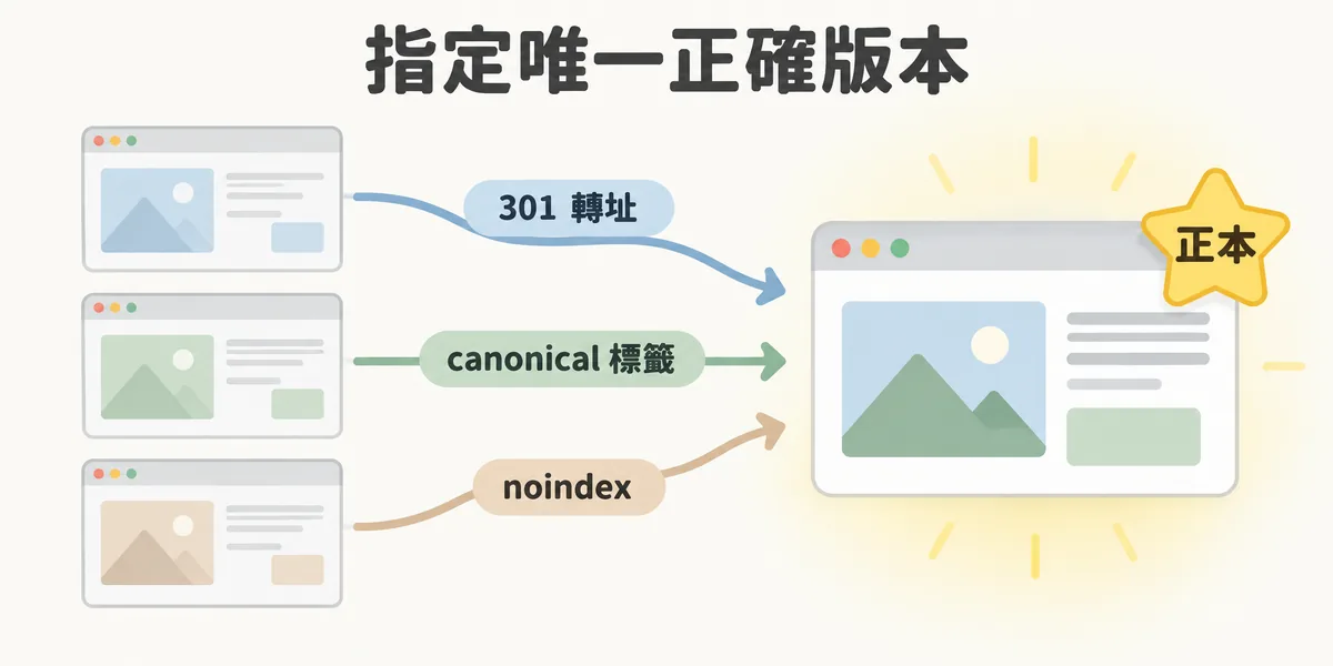 解決重複內容的思路示意:把多個重複的網頁透過 301 轉址、canonical 標籤或 noindex 處理,明確告訴搜尋引擎唯一的正確版本,讓權重集中到正本。