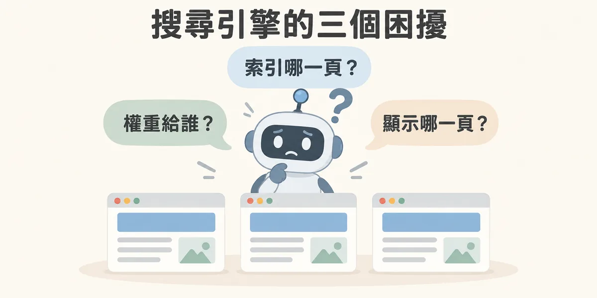 重複內容讓搜尋引擎困擾的示意:爬蟲面對三個內容相同的網頁,不知道該索引哪一頁、該把連結權重給誰,也不知道該讓哪一個版本出現在搜尋結果中。