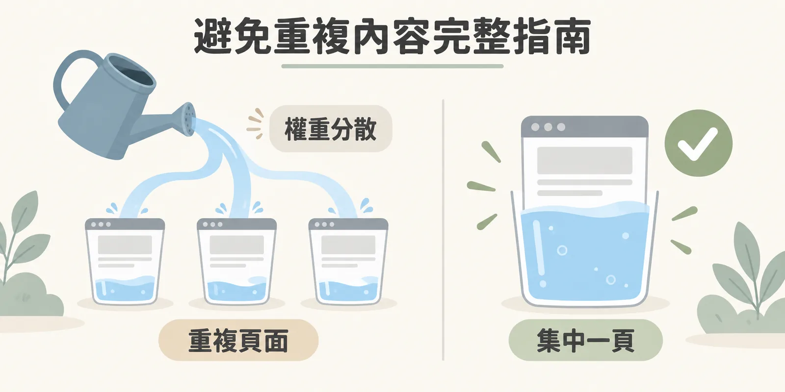 重複內容分散連結權重的示意：同一份內容有三個重複頁面時，權重像水流被分成三小份；集中成一個正本頁面，權重才會完整累積在同一頁。