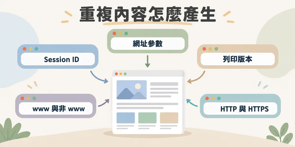 重複內容的常見來源示意:同一份網頁內容因為網址參數、Session ID、列印版本、www 與非 www、HTTP 與 HTTPS 等不同網址都能開啟,形成多個重複版本。