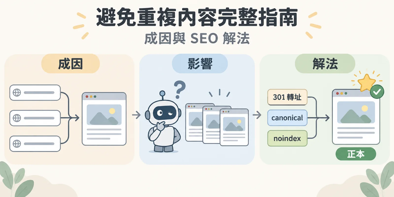 重複內容的成因、影響與解法示意：多個網址指向同一份內容，讓搜尋引擎不知道該選哪一頁；透過 301 轉址、canonical 標籤或 noindex 指定唯一正本。