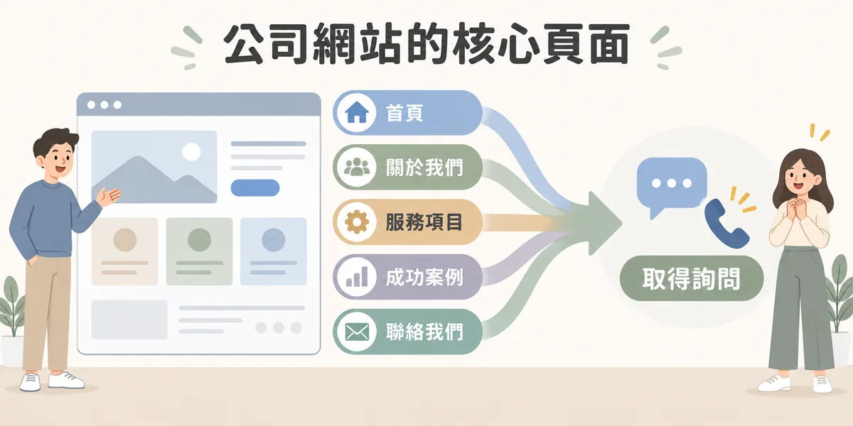 一般公司網站功能示意:首頁、關於我們、服務項目、成功案例與聯絡我們等頁面,目的在建立信任,引導訪客填表或來電詢問。