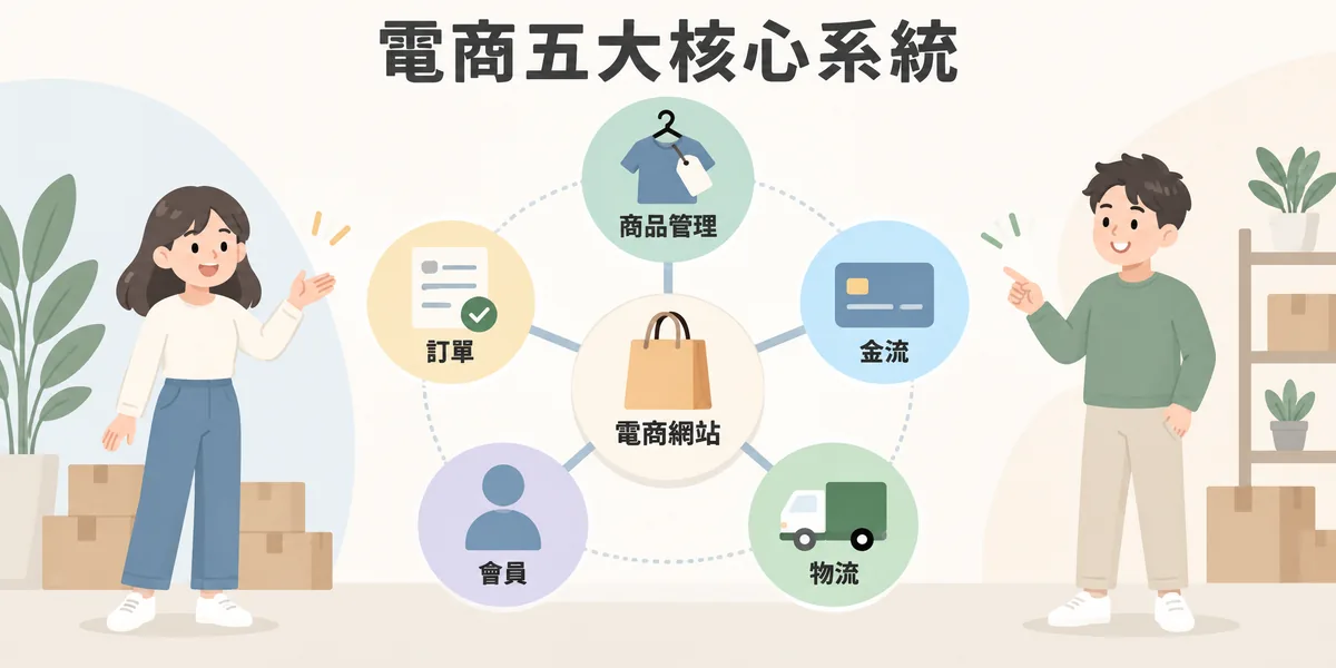 電商網站五大核心系統示意:商品管理、金流、物流、會員與訂單五個系統圍繞電商網站互相串連,支撐從上架到訂單完成的營運流程。