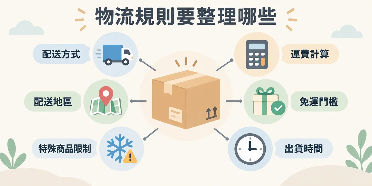 電商網站物流規則示意:以包裹為中心,列出配送方式、運費計算、免運門檻、出貨時間、配送地區與特殊商品限制六項,製作網站前都要先整理清楚。
