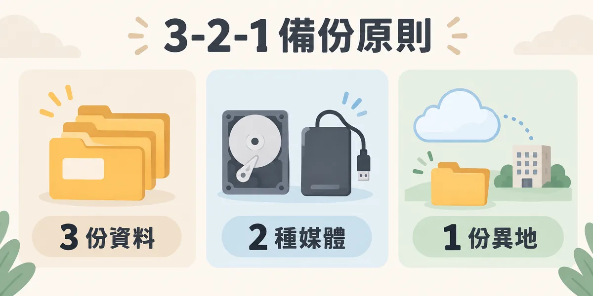 3-2-1 備份原則示意:至少保留三份資料、存放在兩種不同的媒體,其中一份放在異地或雲端,檔案伺服器本身只算其中一份。