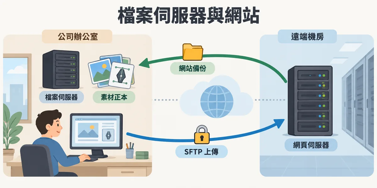 檔案伺服器與網站的關係示意:網站素材正本存在公司檔案伺服器,網站檔案用 SFTP 上傳到網頁伺服器,網站備份再定期存回自己的檔案伺服器。
