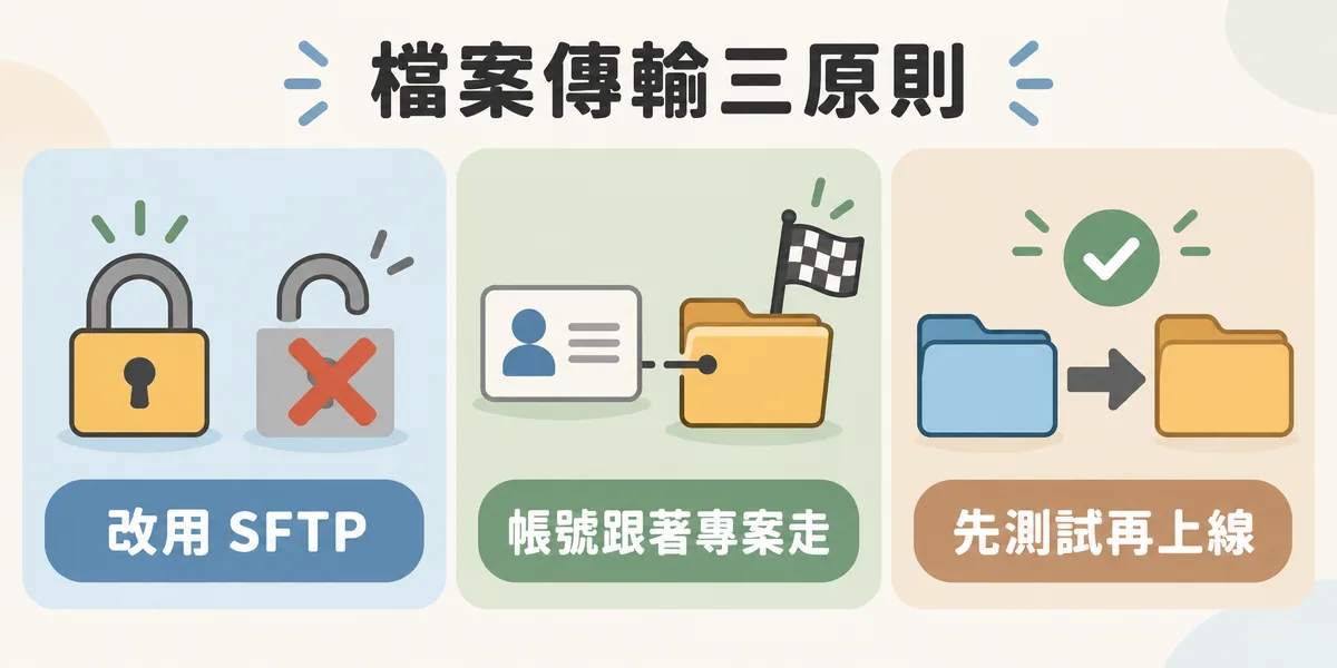 網站維護的檔案傳輸三原則:關閉明碼 FTP 與匿名登入並改用 SFTP、帳號跟著專案開通與停用,以及檔案先傳到測試目錄確認後再上線。