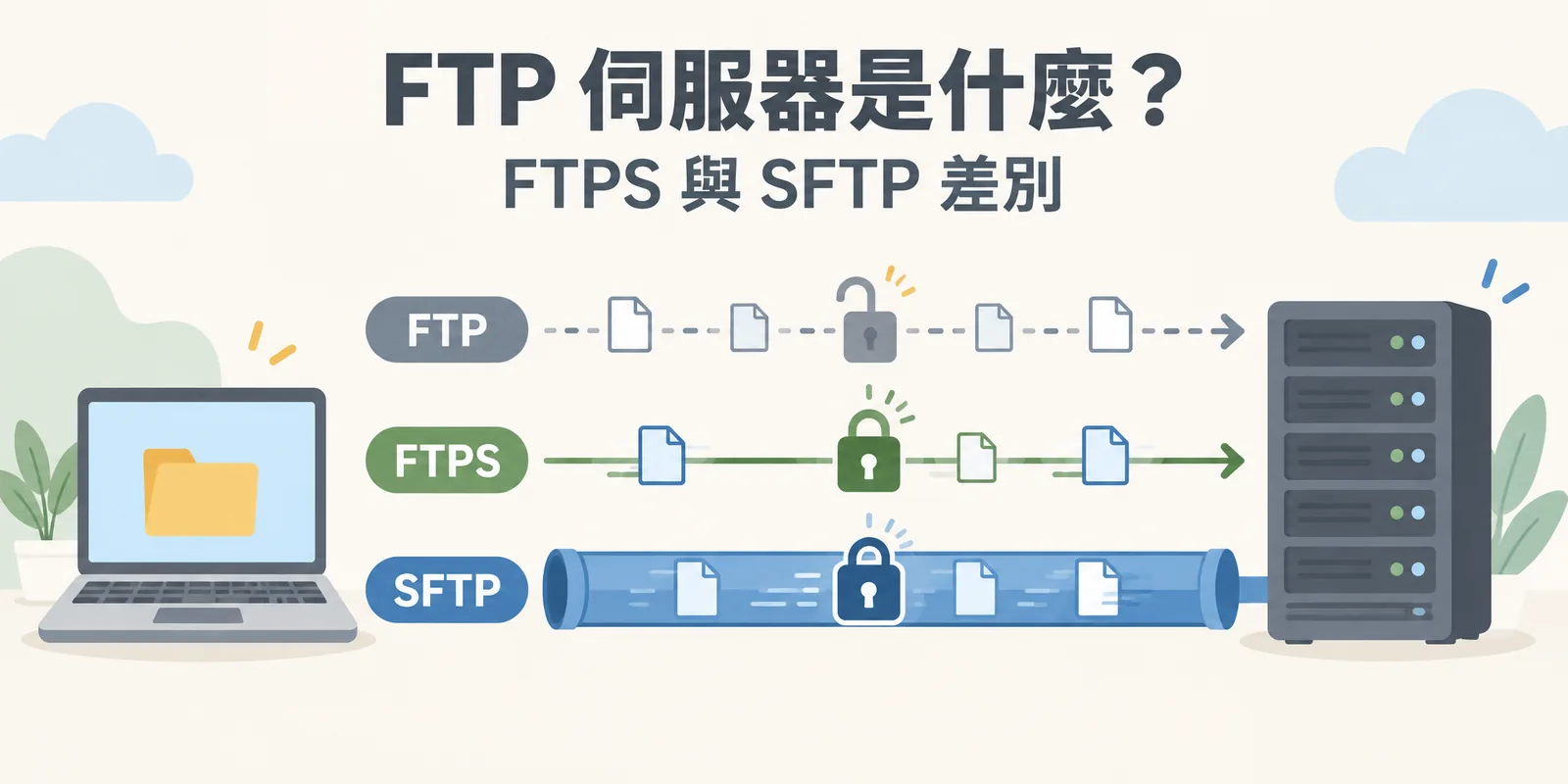 FTP、FTPS 與 SFTP 對照示意：本機電腦與遠端伺服器之間有三條傳輸通道，FTP 不加密，FTPS 與 SFTP 都會加密帳號密碼與傳輸內容。