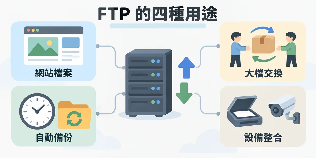 FTP 伺服器的四種常見用途:上傳與管理網站檔案、和合作對象交換大檔、排程把備份推到遠端空間,以及讓掃描器、監視器等設備定時送檔集中。