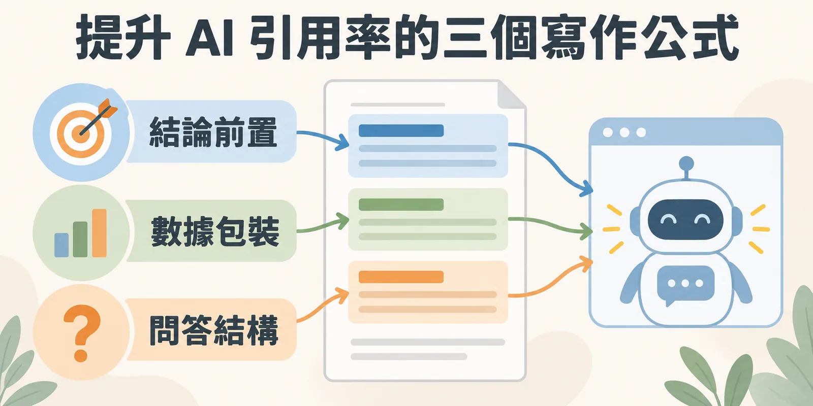 提升 AI 引用率的三個寫作公式：結論前置、數據包裝與問答結構，三種段落寫法讓 AI 更容易擷取並引用內容。