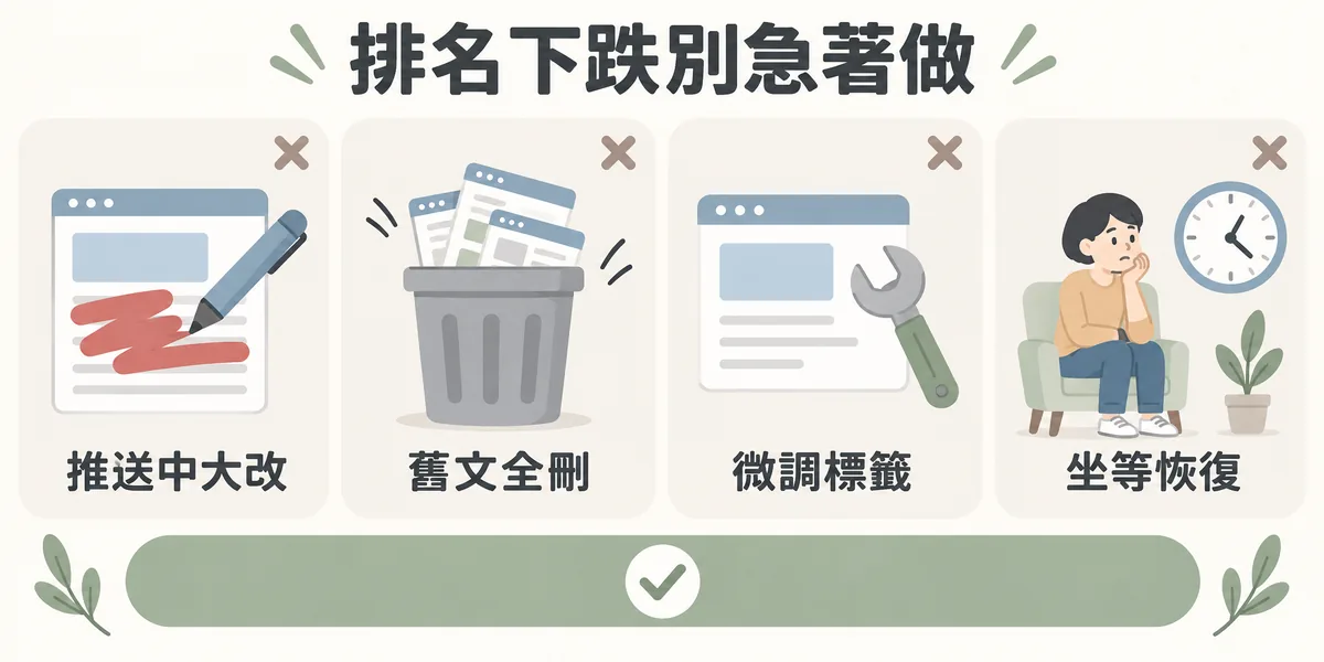 排名下跌時該避開的四個急救動作:更新推送中大改內容、把舊文章一次刪光、忙著微調標籤,以及什麼都不改只等下次更新自動恢復。