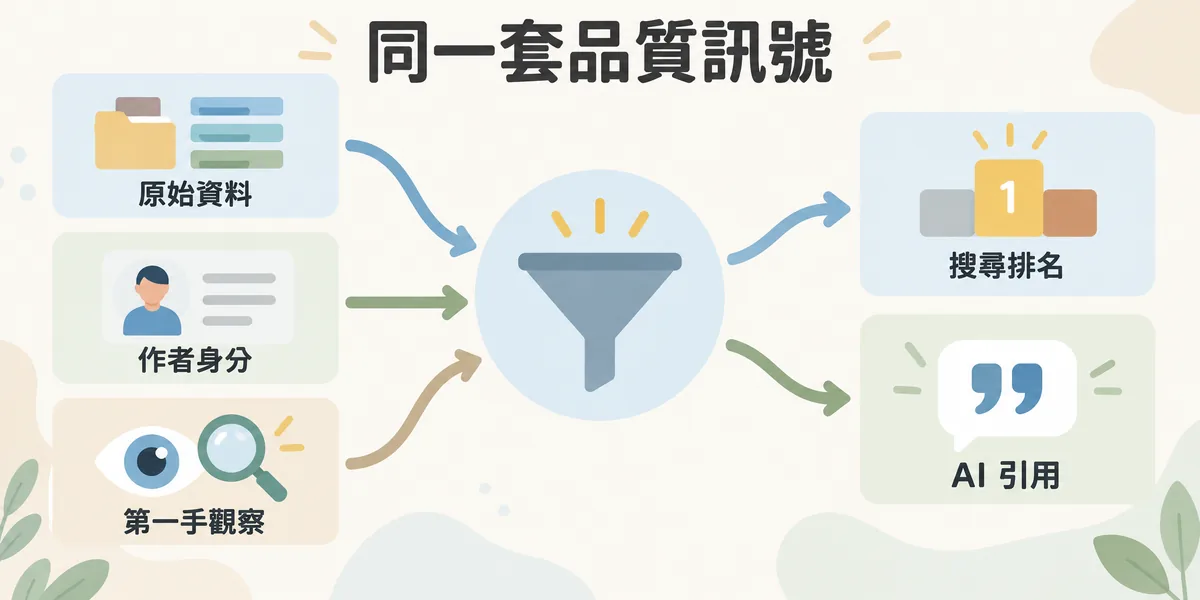 同一套品質訊號示意:原始資料、明確作者身分與第一手觀察,同時影響搜尋排名與 AI 引用來源的挑選,轉述型內容兩邊都吃虧。