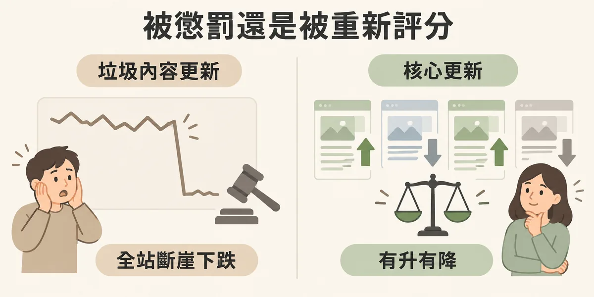 垃圾內容更新與核心更新的症狀對照:垃圾內容更新屬於執法,流量全站斷崖式下跌;核心更新是重新評分,網站內頁面有升有降。