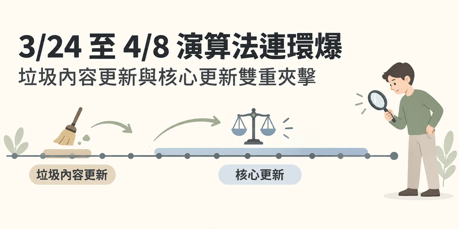 兩次演算法更新的時間軸示意：垃圾內容更新在很短的時間內推送完成，隔兩天廣泛核心更新接著推出、持續較長時間，人物拿放大鏡沿時間軸分辨兩波更新的影響。
