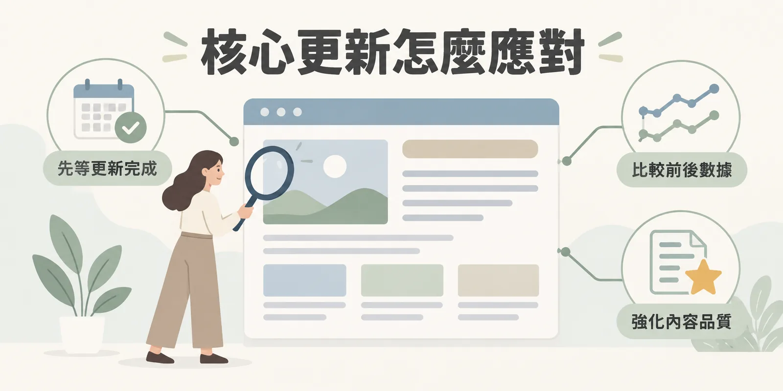 核心更新應對示意：遇到核心更新先等更新完成，再比較更新前後的數據找出受影響頁面，最後強化內容品質，而不是急著做表面修補。