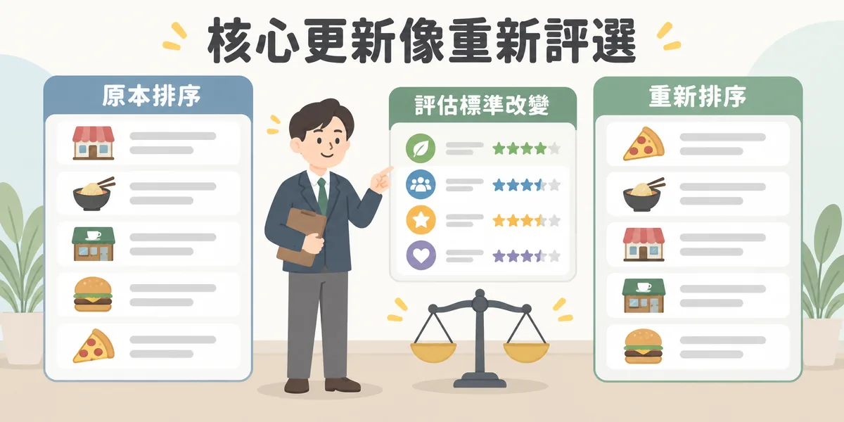 核心更新像餐廳推薦清單重新評選的示意：原本入選的內容沒有變差，但評估標準改變後，同一批網頁在清單裡的排序重新洗牌。