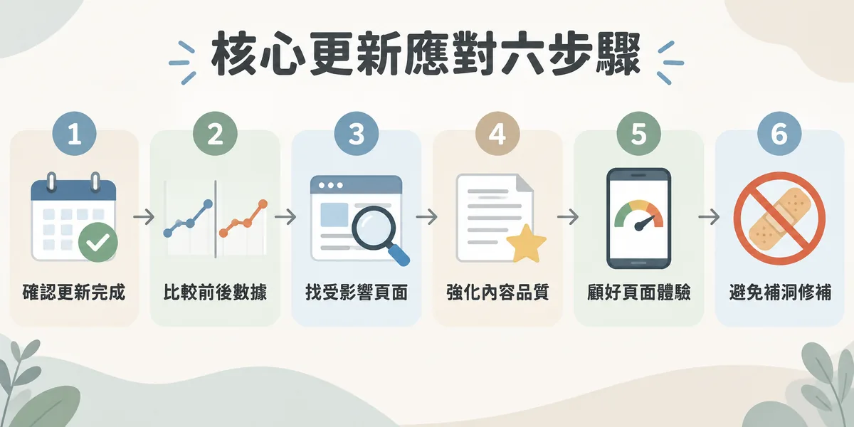 核心更新應對六步驟示意：先確認更新已完成，再比較前後數據、找出受影響最深的頁面，接著強化內容品質、顧好頁面體驗，並避免快速補洞式修補。