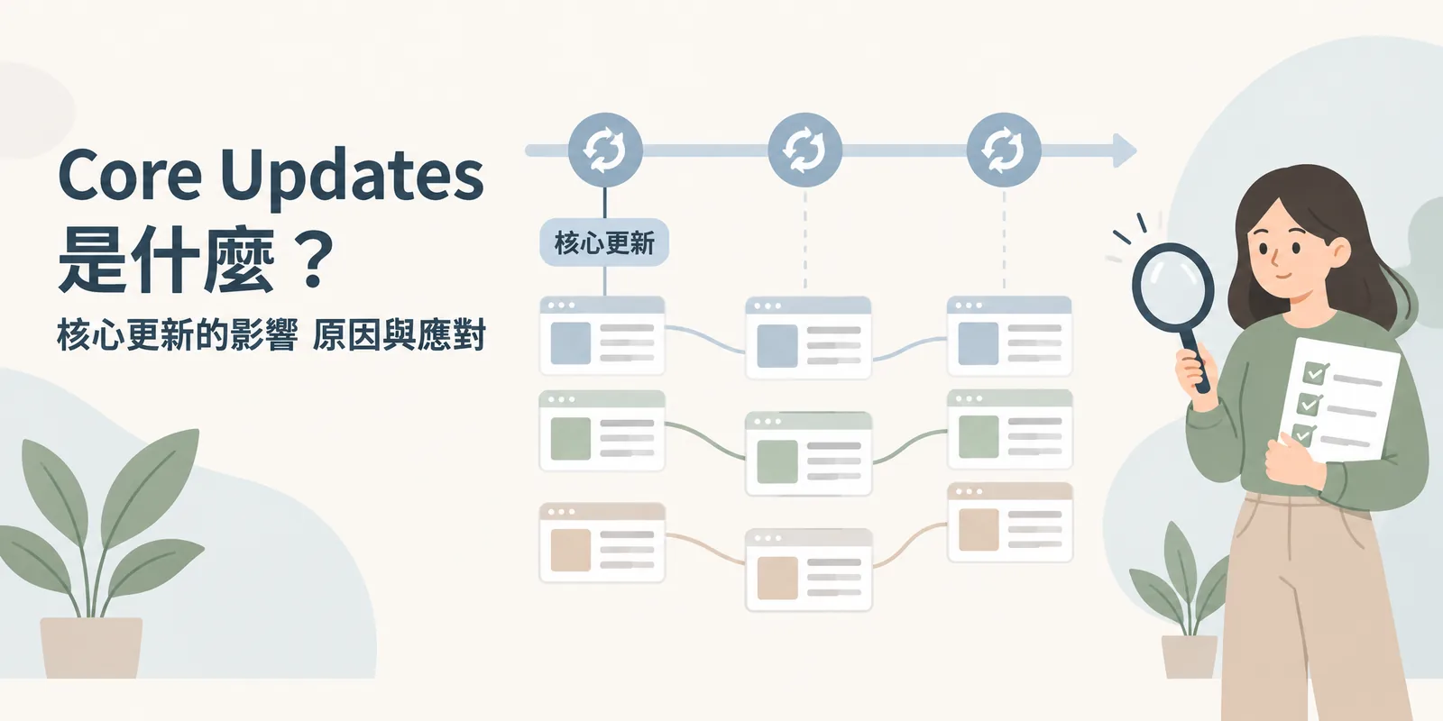 Google 核心更新示意：時間軸上每一次核心更新都會重新評估網頁排序，網頁卡片的位置隨之調整，一旁的人物拿著放大鏡與檢查清單，冷靜檢視內容品質。