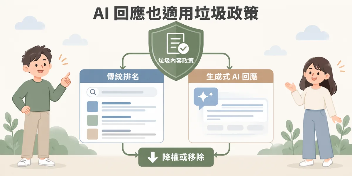 搜尋垃圾內容政策的適用範圍示意:改寫後的政策同時涵蓋傳統搜尋排名與 AI Overviews、AI Mode 等生成式 AI 回應,違規一樣會被降權或移除。