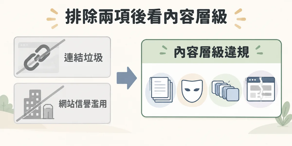 這次垃圾內容更新的排查方向示意:先排除連結垃圾與網站信譽濫用兩個方向,剩下要檢查的是規模化內容濫用、偽裝、關鍵字堆砌等內容層級的違規。
