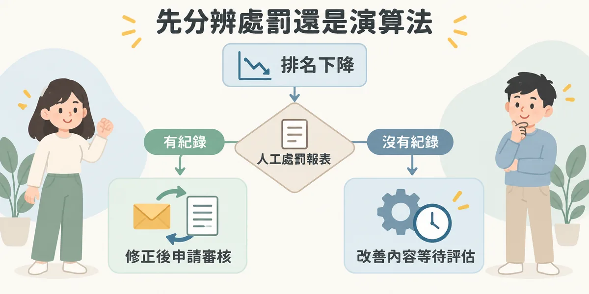排名下降時的判斷流程示意:先看人工審核處罰報表,有紀錄是人工處罰,修正後可申請重新審核;沒有紀錄是演算法判定,只能改善內容、等待重新評估。