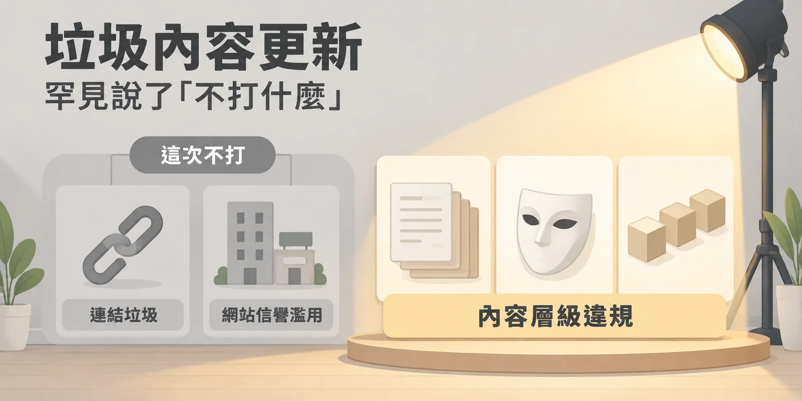垃圾內容更新範圍示意：聚光燈照在重複頁面、偽裝與關鍵字堆砌等內容層級違規上，連結垃圾與網站信譽濫用則被明確排除在這次範圍之外。