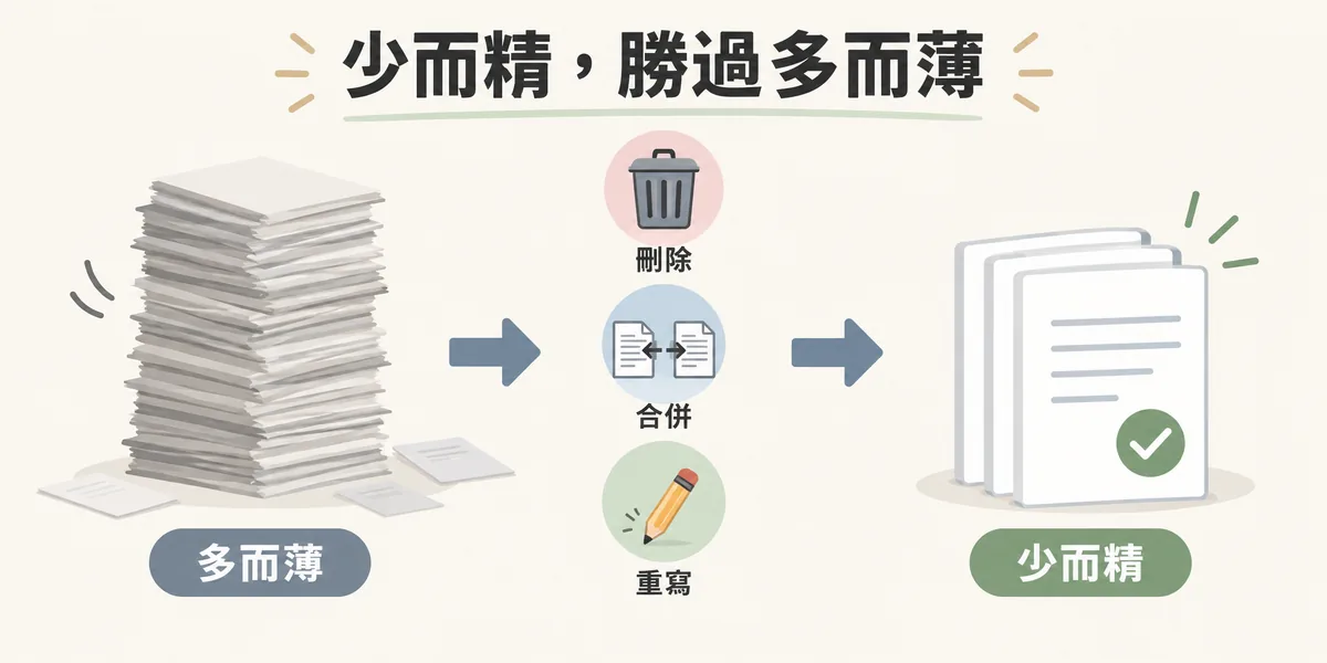 熊貓問題的修復方向示意:把大量內容單薄的頁面經過刪除、合併與重寫,整理成少數內容完整、真正能解決問題的頁面,少而精勝過多而薄。
