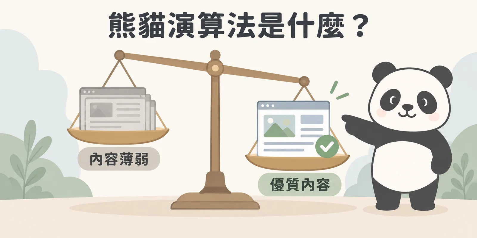 熊貓演算法示意：天平左邊是一疊內容薄弱的網頁，右邊是一張內容充實的優質網頁，天平向優質內容傾斜，熊貓在旁指出演算法依內容品質調整排名。