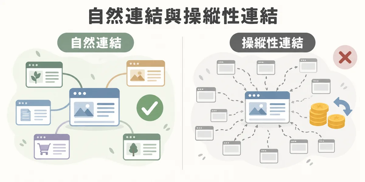 企鵝演算法的判斷重點示意：自然連結來自主題相關、有真實內容的網站；操縱性連結則是透過購買、交換或空殼網站大量製造，企圖讓網站看起來很受歡迎。