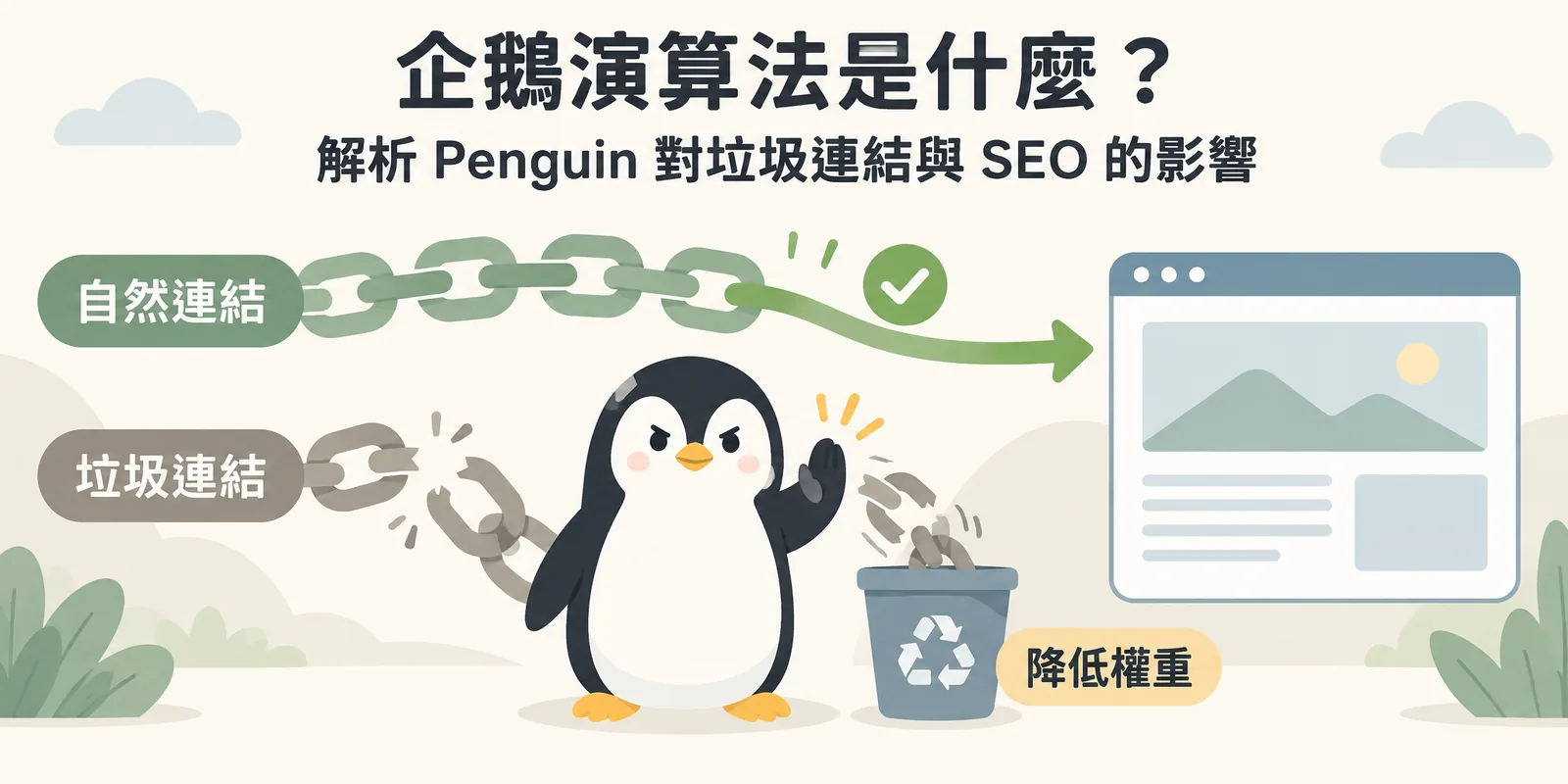 企鵝演算法示意圖：自然取得的反向連結順利連向網站，人為製造的垃圾連結則被企鵝擋下並降低權重，說明 Penguin 鎖定操縱性連結的作用。
