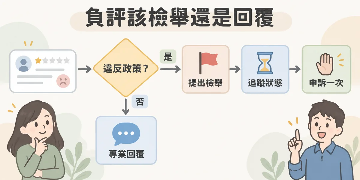 負評處理判斷流程示意:先確認評論是否違反 Google 政策,沒有違規就專業回覆;確定違規才提出檢舉、追蹤處理狀態,被駁回時還有一次申訴機會。