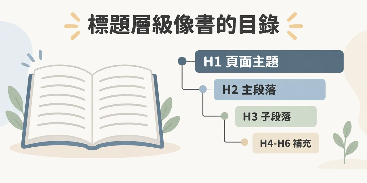 H1 到 H6 標題層級示意：像一本書的目錄，H1 是頁面主題、H2 是主段落、H3 是子段落，H4 到 H6 只在需要時做更細的補充，一層一層往右縮排。