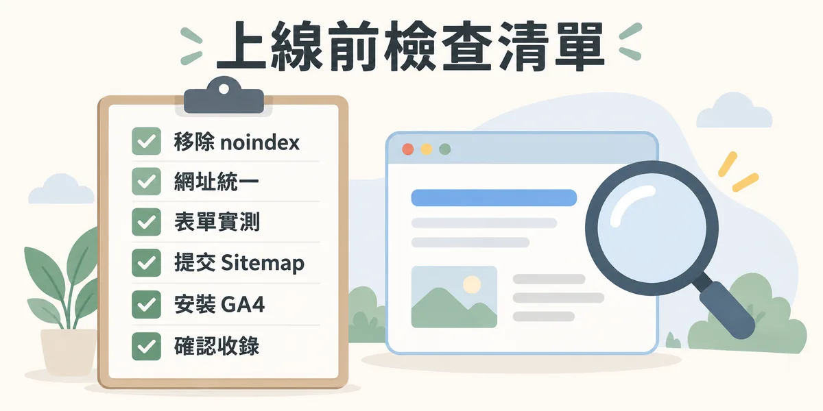 網站上線前檢查清單:移除測試用的 noindex、統一網址、實測表單、提交 Sitemap、安裝 GA4,最後確認網站已被搜尋引擎收錄。