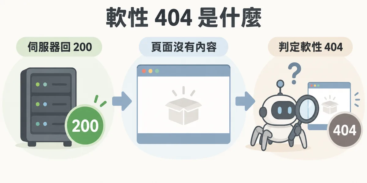 軟性 404 示意:伺服器回傳 200 正常狀態碼,但頁面實際上空白或只有查無資料,搜尋引擎爬蟲判斷內容不存在,把它當成軟性 404 移出索引。