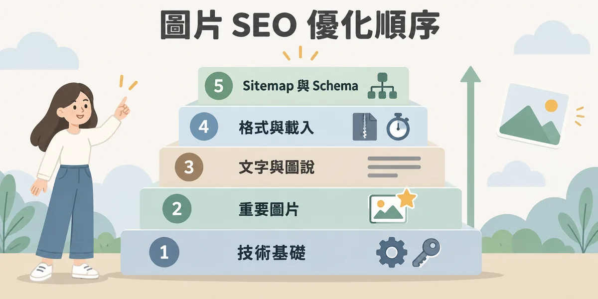 圖片 SEO 五步優化順序示意:由下往上依序是技術基礎、重要圖片、圖片周圍文字與圖說、格式與載入策略,最後才是 Sitemap 與結構化資料。