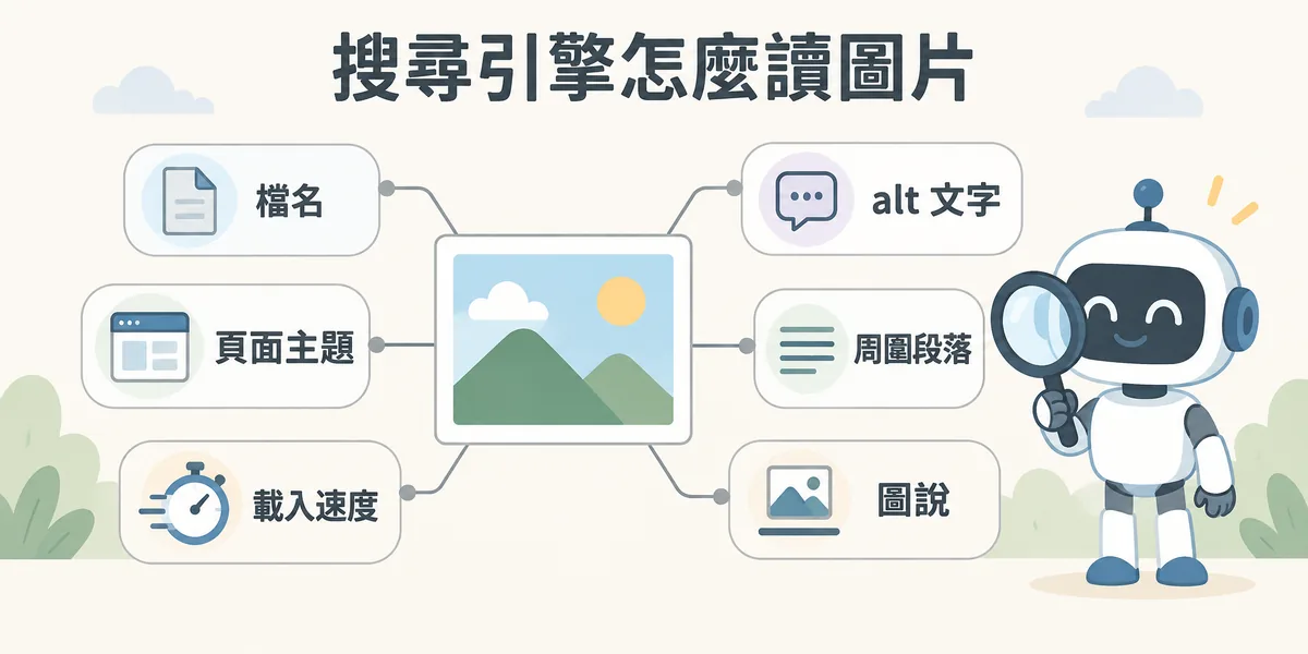 搜尋引擎與 AI 理解圖片的訊號示意:一張圖片周圍連出檔名、alt 文字、周圍段落、圖說、頁面主題與載入速度,機器人綜合這些文字與技術訊號判斷圖片內容。