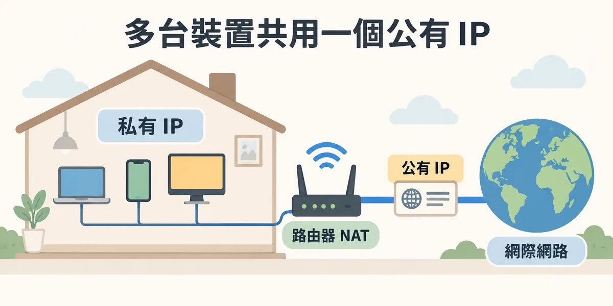 家中或辦公室的多台裝置各有私有 IP,經由路由器的 NAT 轉換後,共用同一個對外的公有 IP 連上網際網路;私有 IP 只在內網有效,公有 IP 全球唯一。