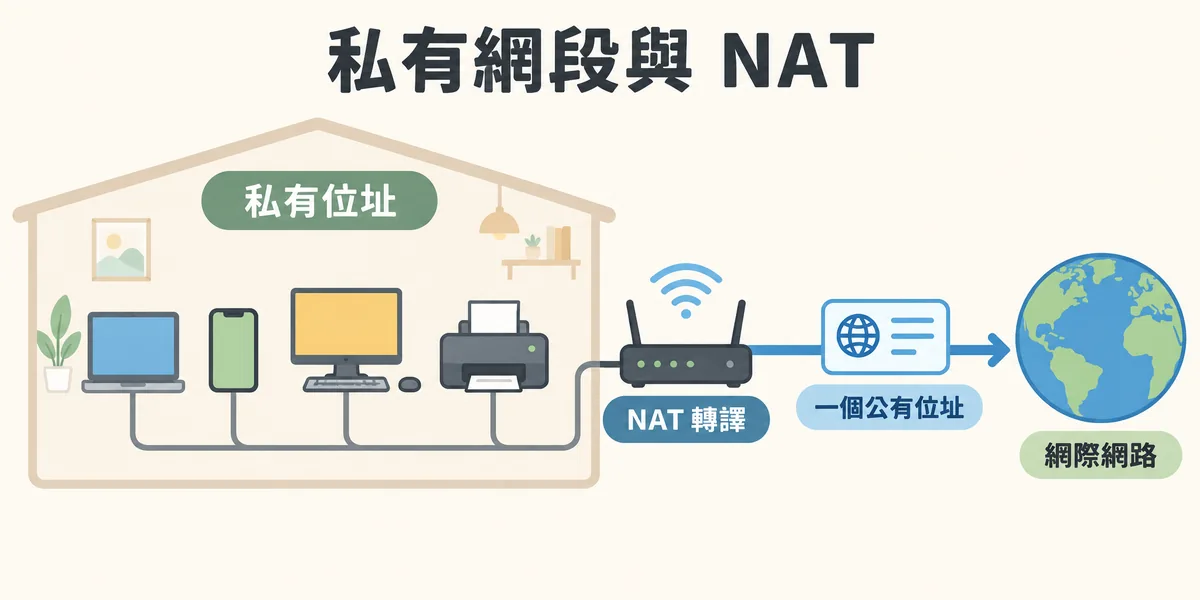 私有網段與 NAT 示意:家中或辦公室多台裝置使用 192.168 等私有網段位址,經路由器的 NAT 轉譯成同一個公有位址連上網際網路,回應再依連接埠對應回各裝置。
