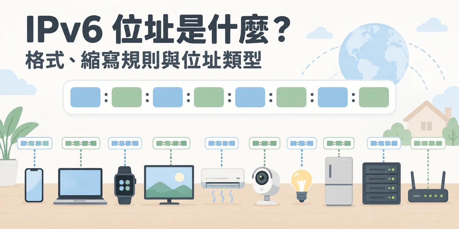 IPv6 位址示意：以冒號分隔的八組方塊代表 128 位元位址，下方手機、筆電、家電與伺服器各自擁有一個位址，說明 IPv6 位址數量多到不必再靠 NAT 共用。