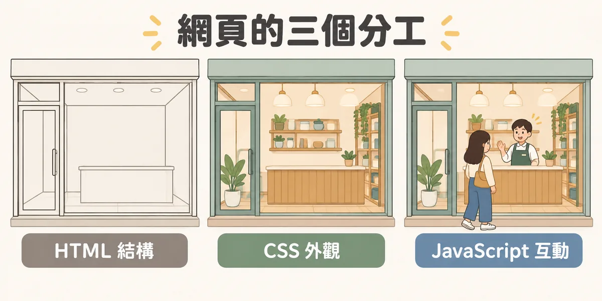 以店面比喻網頁的三個分工：HTML 是牆面、門窗與櫃台等基本結構，CSS 是裝潢與陳列的外觀，JavaScript 則像店員，負責回應顧客的點擊、輸入等各種操作。