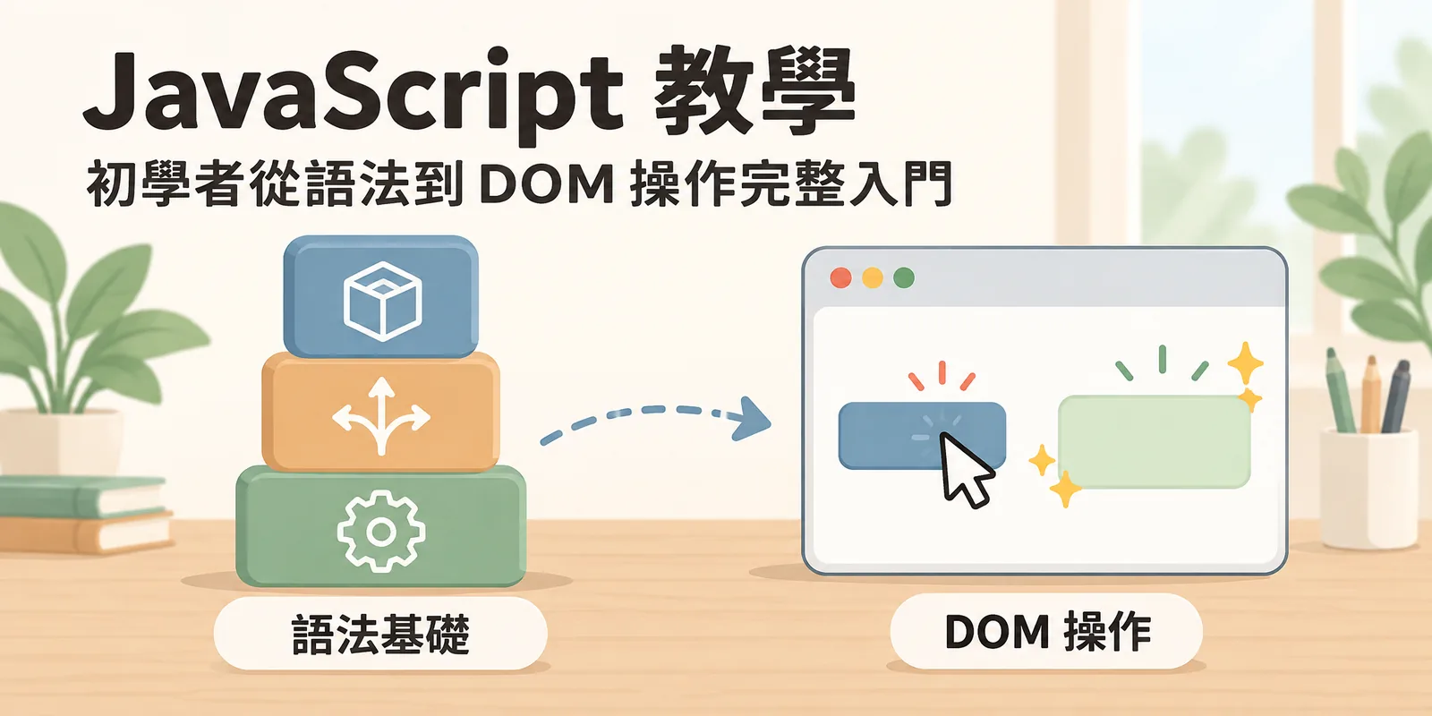JavaScript 教學示意圖：左邊三塊代表變數、條件判斷與函數的語法積木，沿著箭頭連到右邊的瀏覽器視窗，點擊按鈕後畫面元素隨之改變，說明從基礎語法學到 DOM 操作的入門路線。